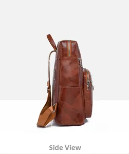 Side view of brown vintage PU leather backpack with multiple zipper pockets and sleek design