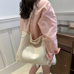 Minimalist summer straw tote bag for women with PU leather pocket and shoulder strap