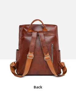 Back view of brown vintage PU leather backpack showing straps and anti-theft zipper pocket