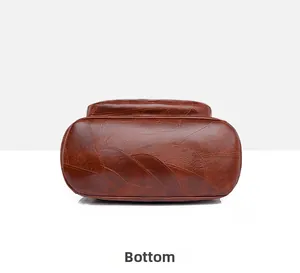 Detailed bottom view of brown PU leather backpack with patchwork stitching and vintage design