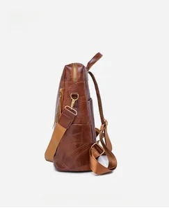 Side view of vintage coffee PU leather backpack with gold zippers and adjustable straps