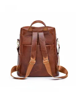 Detail view of the brown PU leather backpack back with adjustable shoulder straps