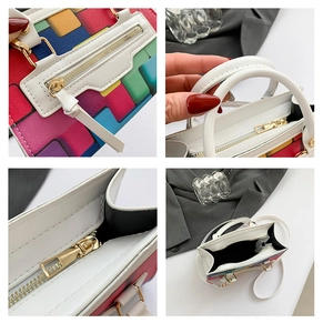 Detail view showing colorful cube pattern and golden hardware of the square handbag