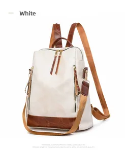 Detail of white vintage PU leather backpack with leaf vein texture and brown trim