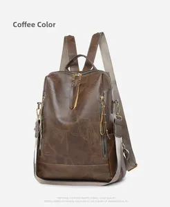 Detail view of coffee-colored oxford fabric backpack with artistic leaf vein pattern
