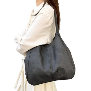 Retro vintage dark gray large capacity tote bag with soft leather texture for women