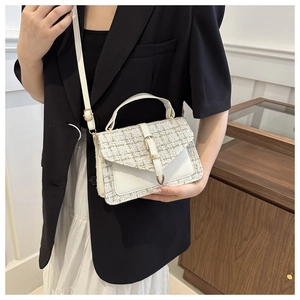 Detail of tweed crossbody bag featuring metallic buckle and elegant woven texture