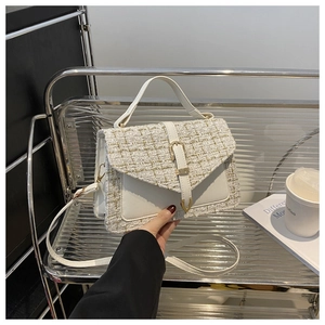 Detailed view of white tweed crossbody bag with golden metal buckle and leather handle