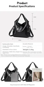Detailed view of black PU leather tote bag features, dimensions, and adjustable strap