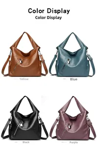 Detailed view of four versatile large tote bags in brown, blue, black, and purple colors