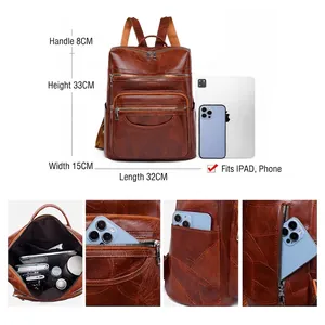 Brown vintage PU leather backpack for women showing dimensions and multi-pocket interior
