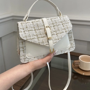 Fashion Tweed PU Leather Shoulder Bag For Women Elegant Plaid Square Crossbody Bag Simple Small Handbag With Gold Hardware