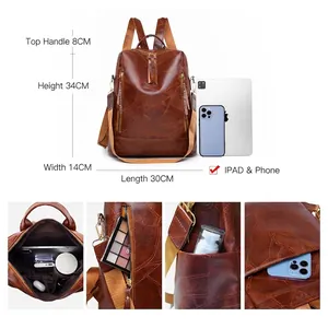 Retro brown PU leather women backpack with large capacity and multi-pocket design