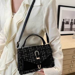 Chic black tweed plaid crossbody bag for women with gold clasp and leather shoulder strap