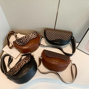 Mode Damen PU Leder Satteltasche Leopard Geometrisch Bedruckt Breiter Stoffgurt Schulter Umhängetasche Klein Messenger Bag