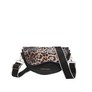Damen Satteltasche mit Leopardenmuster und breitem Schultergurt aus schwarzem Leder-Mix