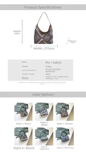 Detailed dimension chart and multi-color options for large canvas tote bag with ethnic pattern