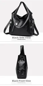 Close-up of black leather tote bag with metal zipper, padlock charm and side pocket details