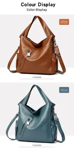 Detail view of large soft leather tote bags in tan and blue colors with adjustable straps