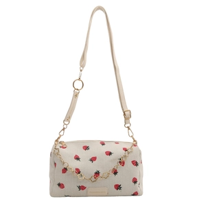 Sac polochon en velours côtelé à motif fraise avec bandoulière réglable et chaîne dorée