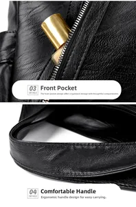 Detail of black pebbled leather tote showing front zipper pocket and wide carry handle