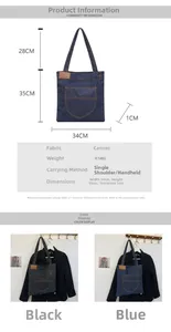 Detailed size chart and specifications for the casual canvas denim tote bag with dimensions
