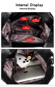 Internal display of large capacity shoulder bag showing multiple pockets for iPad and essentials