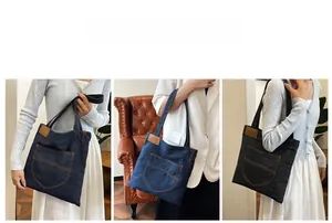 Three-panel view of denim tote bags in dark blue, light blue, and black for daily use
