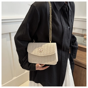 Close-up of a cream woven straw bag featuring a butterfly metal clasp and gold chain strap