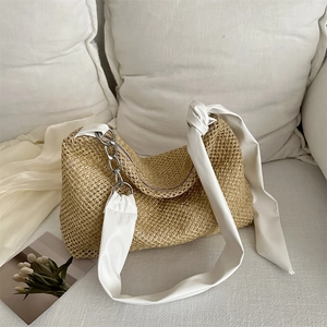 Women Vintage Straw Woven Shoulder Bag Handmade Vacation Beach Tote With Metal Chain Knot Strap Large Capacity Handbag