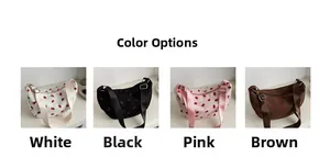 Detailansicht der Erdbeer-Print Segeltuchtaschen in Weiß, Schwarz, Rosa und Braun