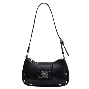 Glossy black underarm shoulder bag for women featuring a silver metallic heart buckle