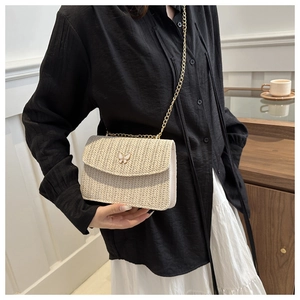 Detail of a beige woven straw crossbody bag with silver butterfly clasp and gold chain