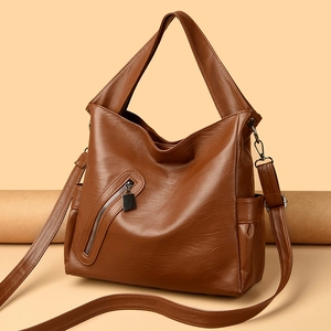 Brown textured leather large tote bag for women with shoulder strap and zipper detail