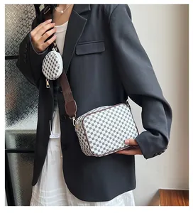 Retro geometric print square bag with brown wide strap and small round pouch charm