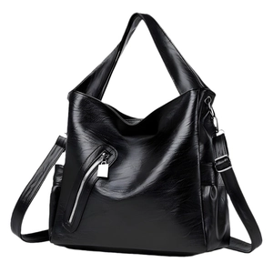 Black large capacity shoulder bag in shiny PU leather with multiple pockets and wide strap