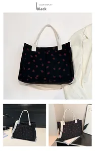 Détail du sac cabas en velours côtelé noir à fraises avec poches et bandoulières blanches
