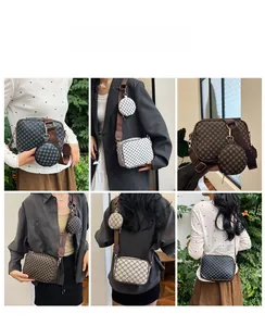 Detail of vintage patterned crossbody bag set with wide strap and mini round pouch