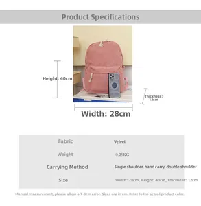 Sac à dos en velours côtelé rose 28x40x12cm pesant 0,25kg avec plusieurs styles de port