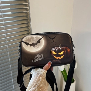 Women Halloween PU Leather Crossbody Bag Wide Strap Small Square Shoulder Bag With Pumpkin Bat Print Party Handbag