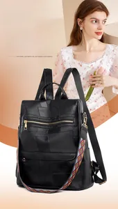 Detail of waterproof PU leather backpack with geometric texture and colored strap