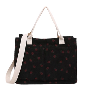 Sac fourre-tout en velours côtelé noir à imprimé fraises avec bandoulière blanc cassé