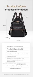 Detailed infographic of woven leather backpack showing size specs and storage pockets