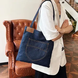Women's Casual Denim Tote Bag Large Capacity Canvas Shoulder Bag With Contrast Stitching Retro Jean Handbag For School Work