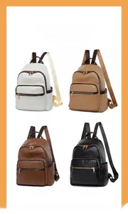 Four-color display of woven leather backpacks in white, khaki, coffee, and black tones