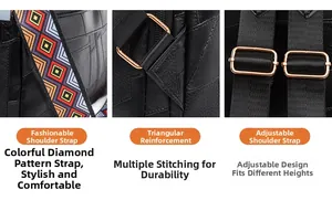 Detail of colorful geometric woven strap and reinforced stitching on black leather backpack