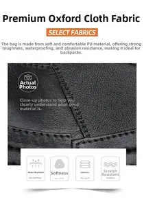 Detail of waterproof Oxford cloth and soft PU leather texture on the black backpack