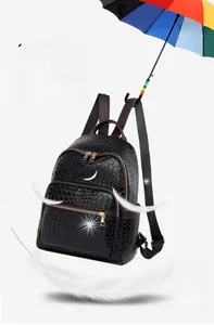 Detail of black woven PU leather backpack with gold double zippers weighing only 0.53kg