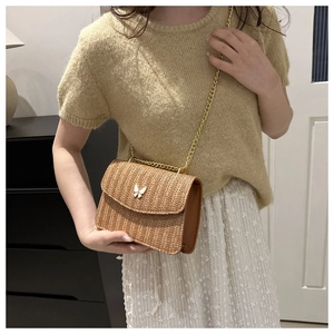 Detailed view of women's straw woven bag with gold chain strap and butterfly clasp