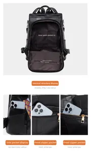 Detail view of black PU leather backpack showing internal pockets and external side pouches